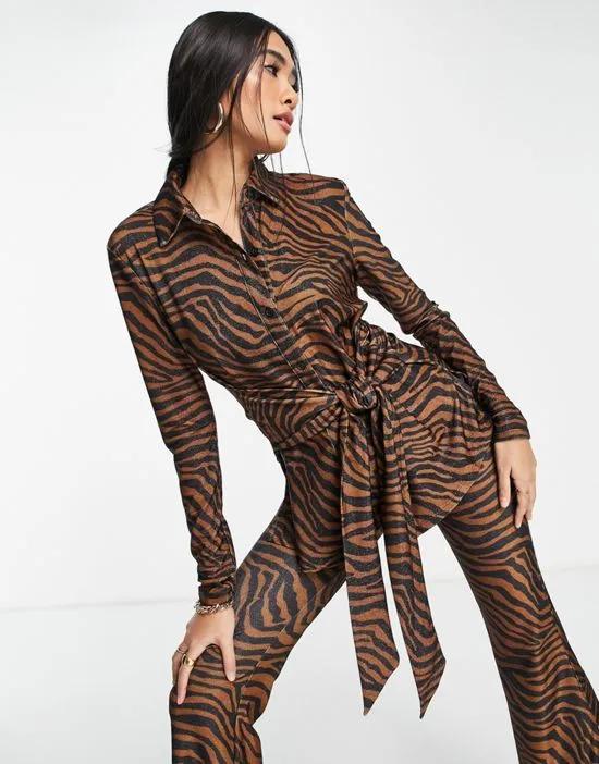 glitter animal print belted shirt in brown - part of a set