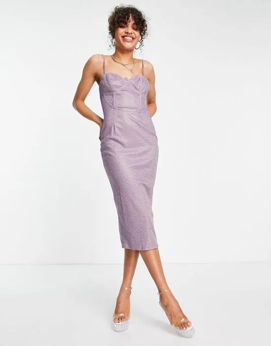 glitter corset midi dress in lilac