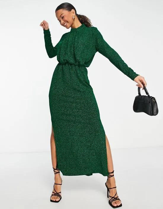glitter ruched front midi dress with shoulder pads in green