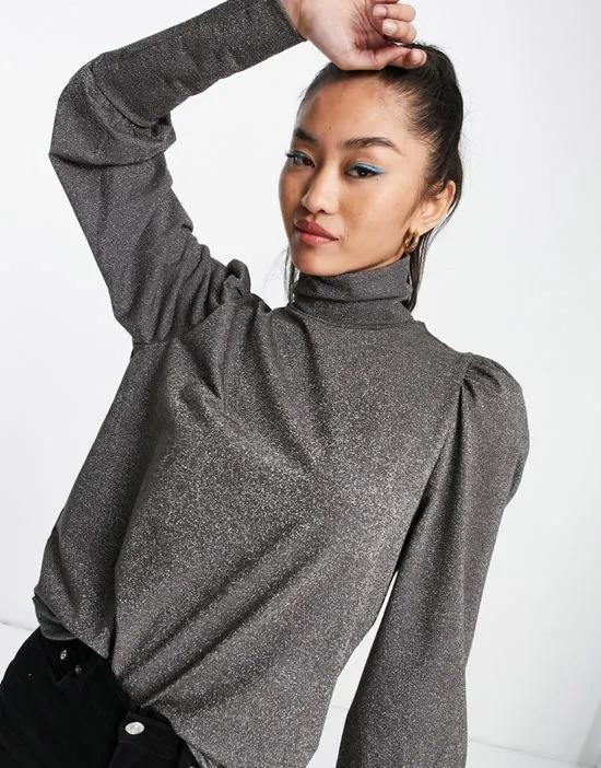 glittery oversized sleeve high neck top in gray