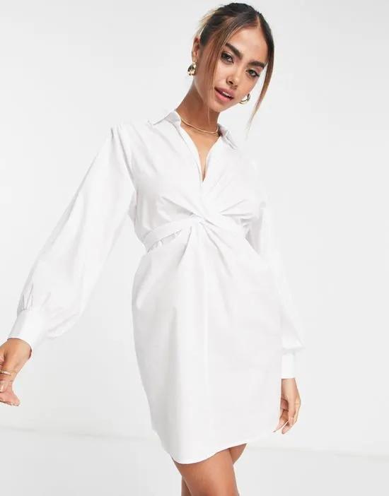 going out twist front shirt dress in white