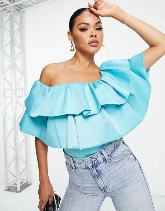 Going Out ultimate off shoulder double ruffle bodysuit in blue