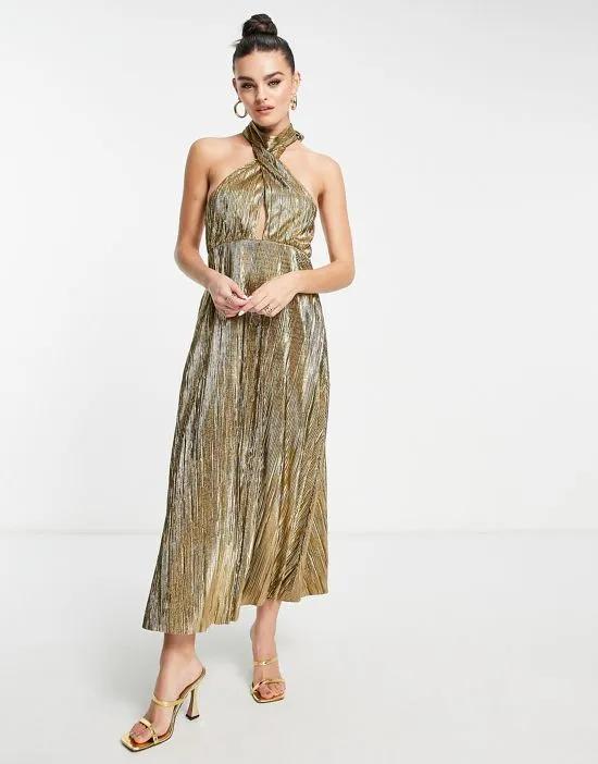 gold plisse cut out halter midi dress
