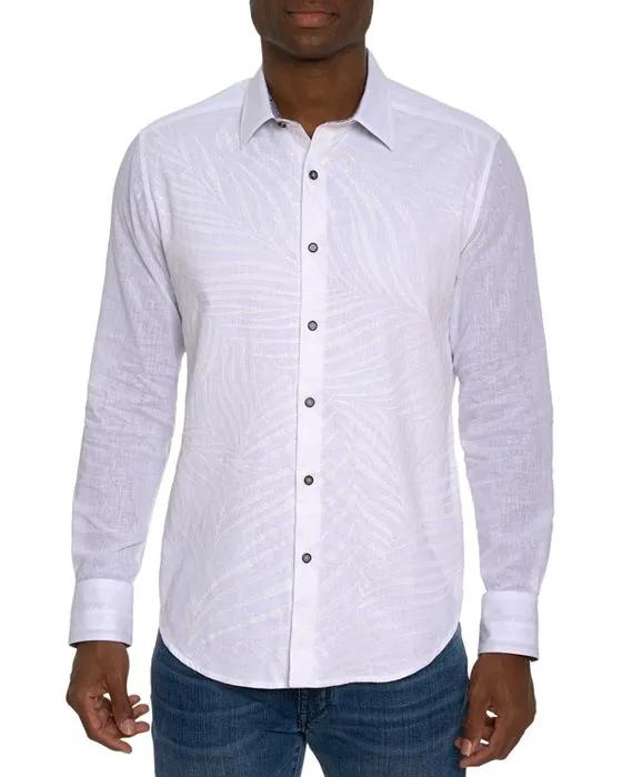 Grand Palms Linen & Cotton Embroidered Palm Print Classic Fit Button Down Shirt