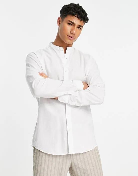 grandad collar linen mix shirt in white