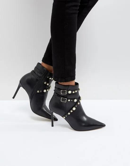 Granite Pearl Buckle Leather Heeled Ankle Boots