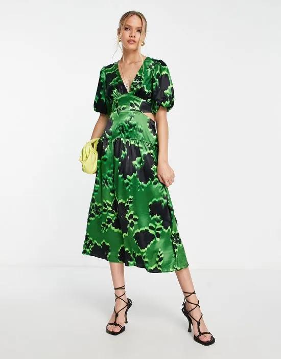 graphic floral cut out waist midi dress in green
