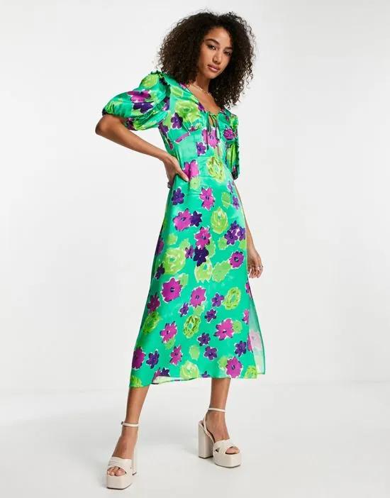 graphic floral midi angel sleeve dress in green
