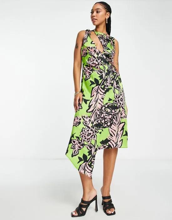 graphic floral wrap midi dress in green and pink