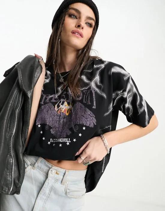 graphic oversized rock tee with lightning in washed black