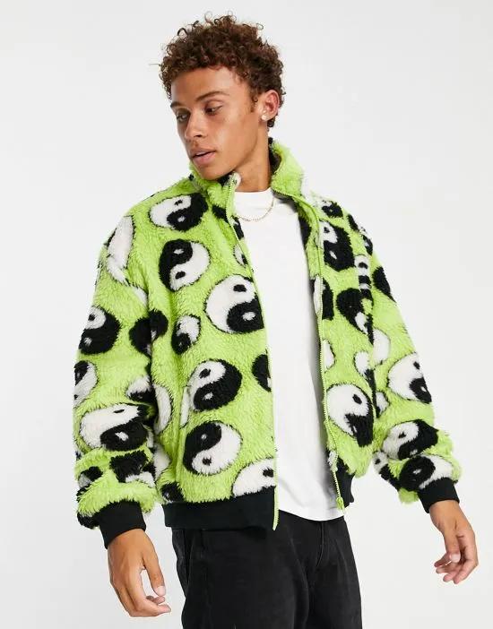 graphic printed borg walker jacket in green
