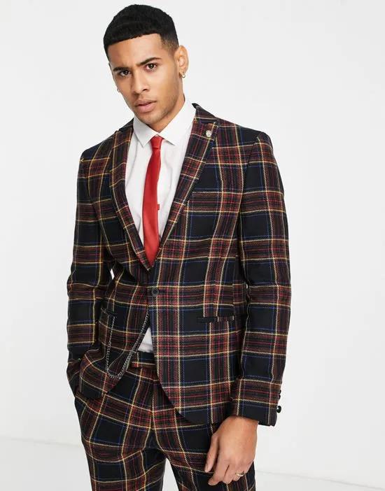 Greco skinny suit jacket in black and red check