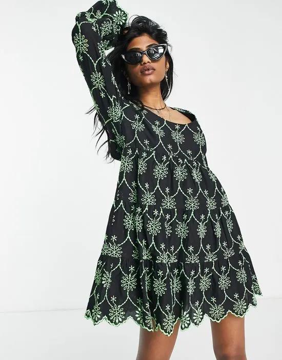 green embroidered tiered mini dress
