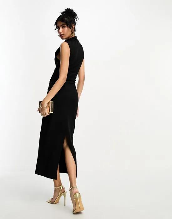 grown on neck midi dress with ruched sides in black