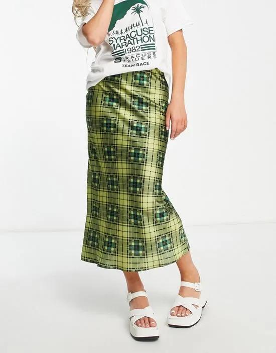 grunge check satin bias midi skirt in green