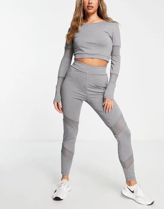 gym leggings with mesh insert in gray heather