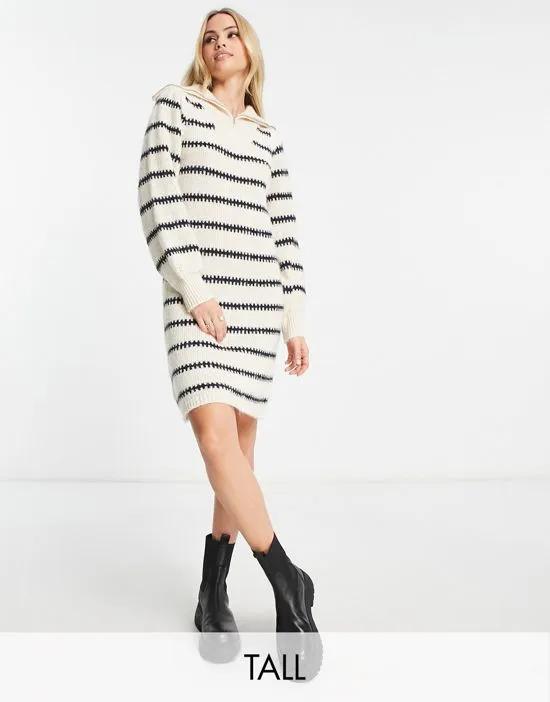 half zip knit mini dress in navy & cream stripe