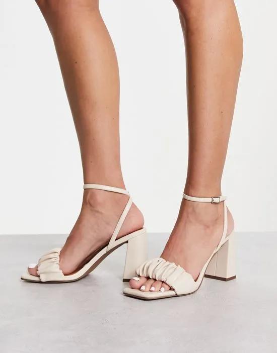 Halo ruched detail mid heeled sandals in off white