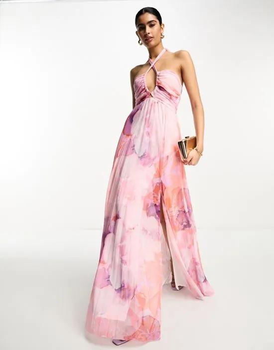 halter channel mesh maxi in pink and purple smudge print