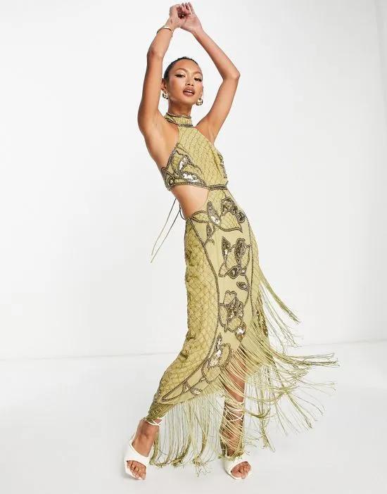 halter embellished pencil midi dress with floral artwork and fringing in olive