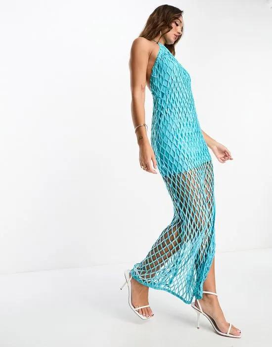 halter lattice embellished maxi dress with split in turquoise