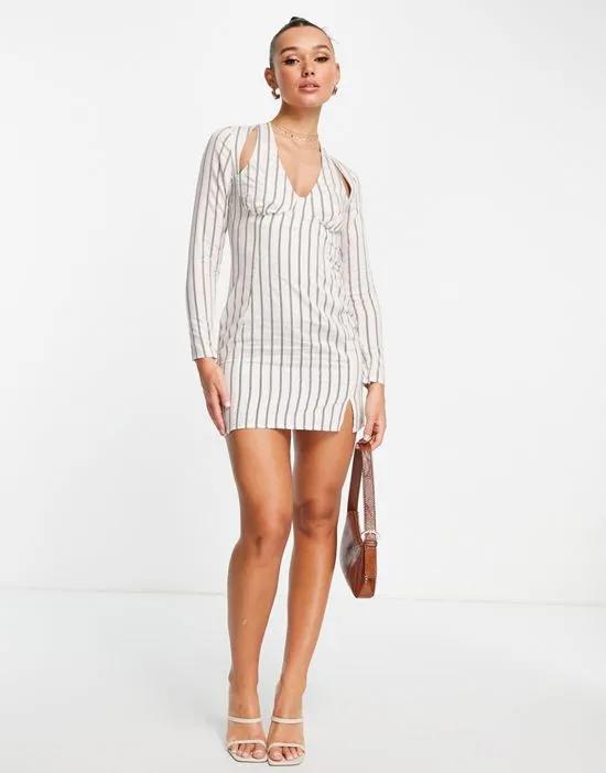 halter linen mini dress with long sleeve in stripe