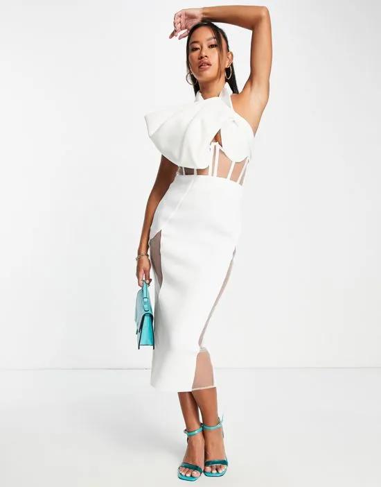 halter mesh corset pencil midi dress with corsage in white