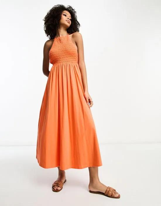 halter midaxi dress with shirred bodice in orange