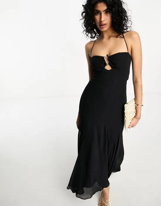 halter midi dress with stone buckle detail in black