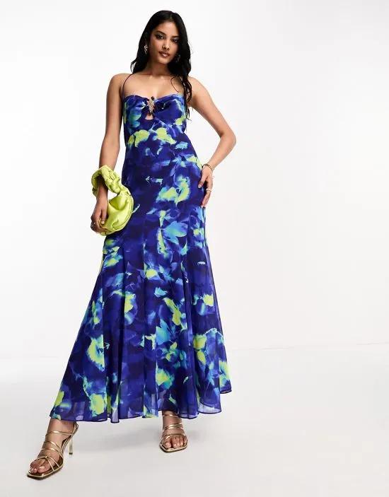 halter midi dress with stone buckle detail in blue watercolor print
