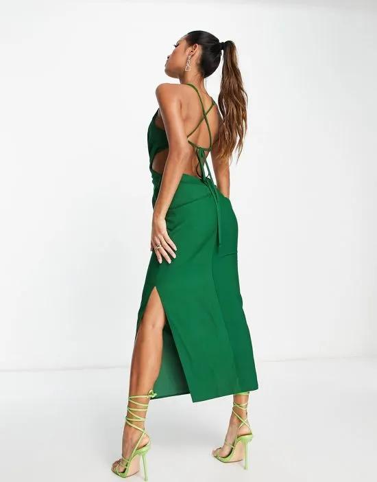 halter midi dress with wrap waist detail in washed fabric in dark green