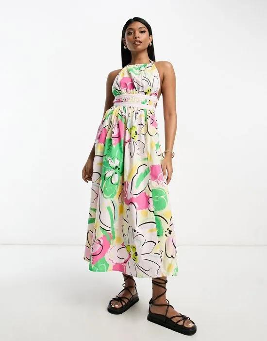 halter midi sundress with strappy back in abstract print