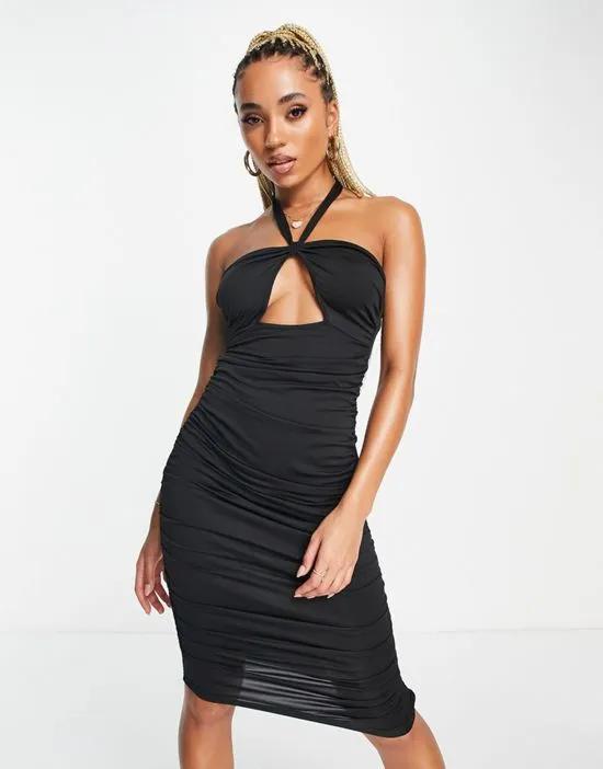 halter neck cut out front midi dress in black