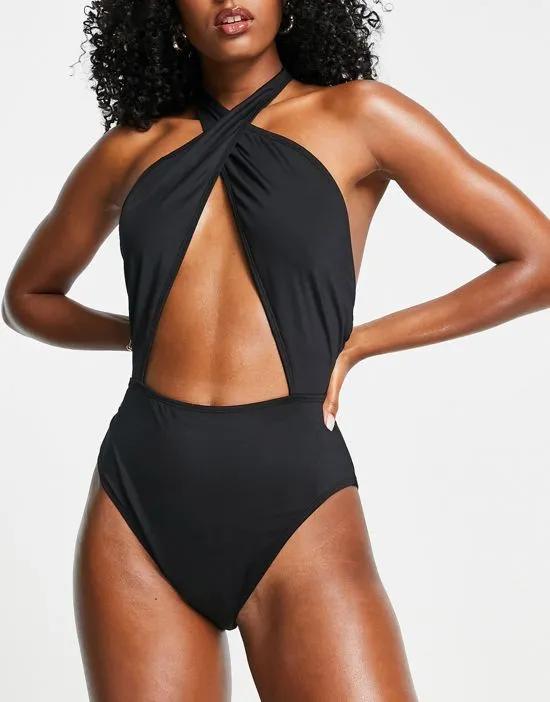halter neck cut out swimsuit in black