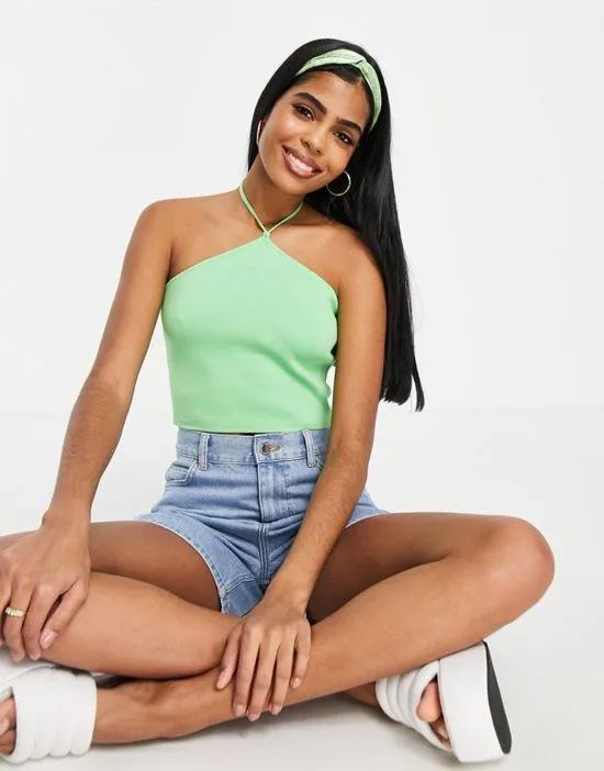 halter neck knitted crop top in bright green