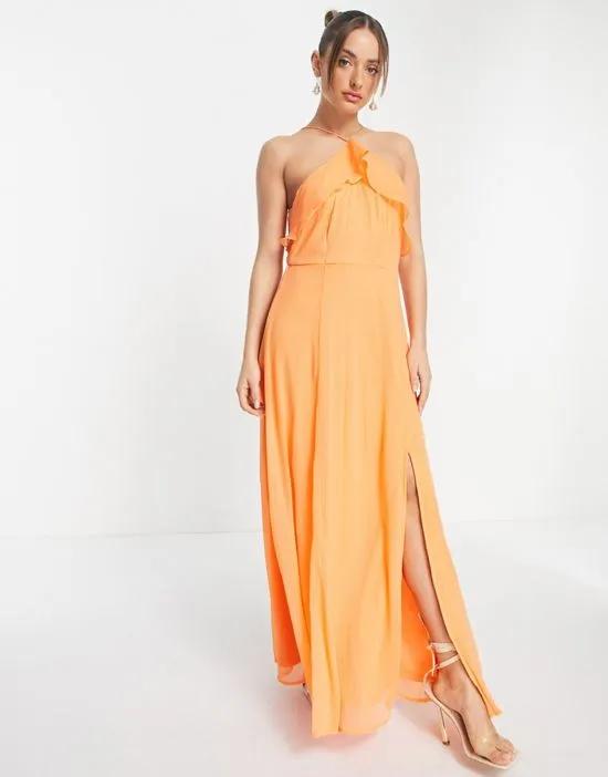halter neck maxi dress with ruffle detail and slit front in orange