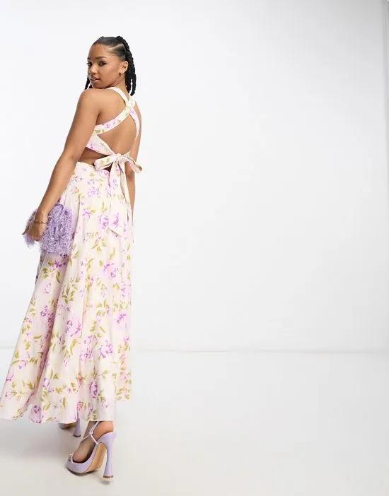 halter neck open back maxi dress in lilac floral