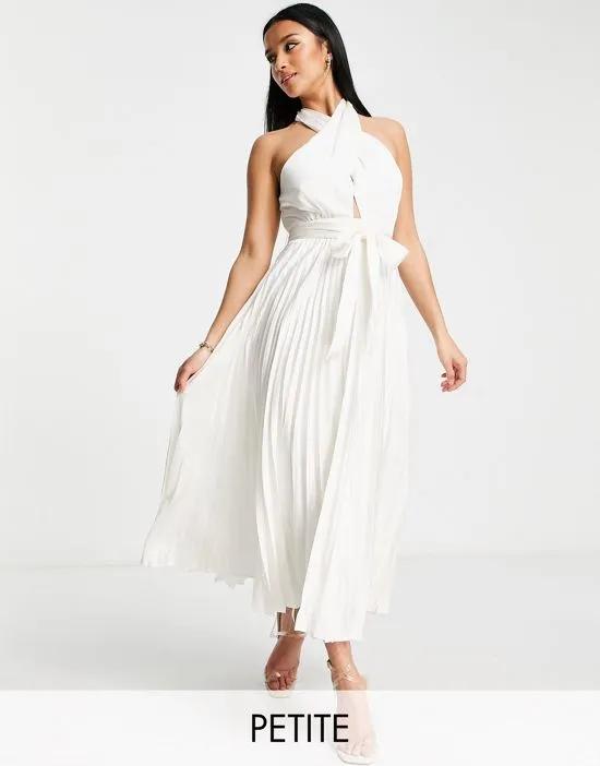 halter neck pleated midi dress in white