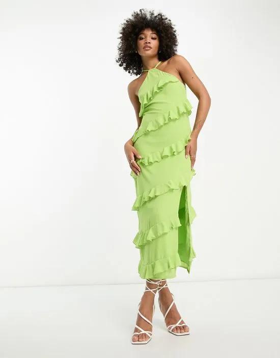 halter-neck ruffle maxi dress in lime