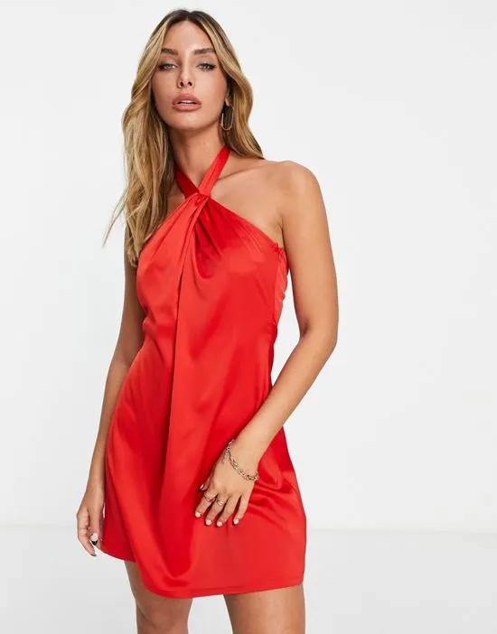 halter neck slip dress in fiery red satin