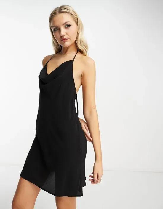 halter neck slip mini dress in black