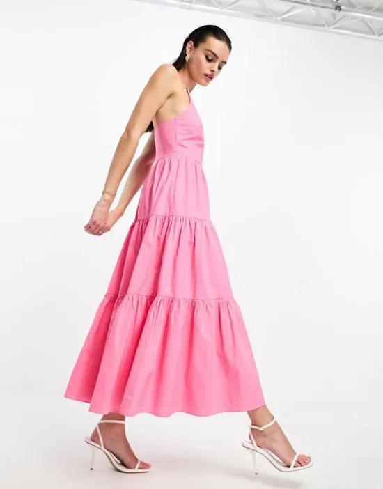 halter neck tiered midi dress in pink