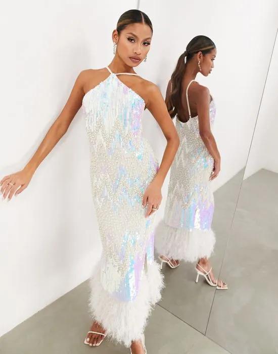 halter pearl and sequin midi dress with faux feather hem in ivory