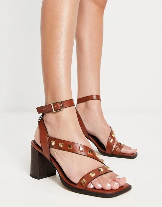 Halter studded mid heeled sandals in tan