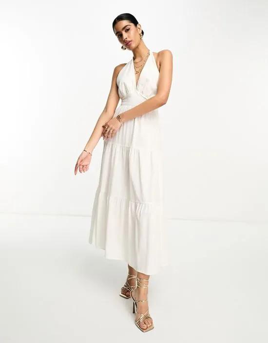 halterneck cotton midaxi dress in white