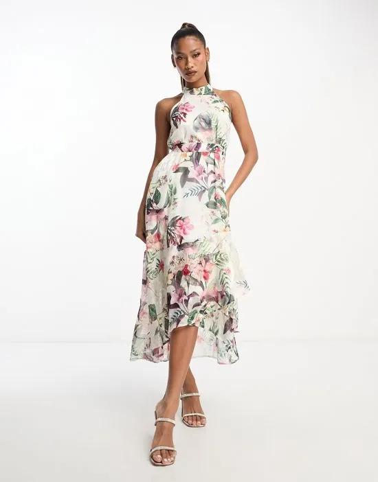 halterneck midi dress with wrap skirt in floral print