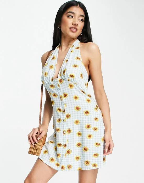 halterneck swing mini dress in sunflower print