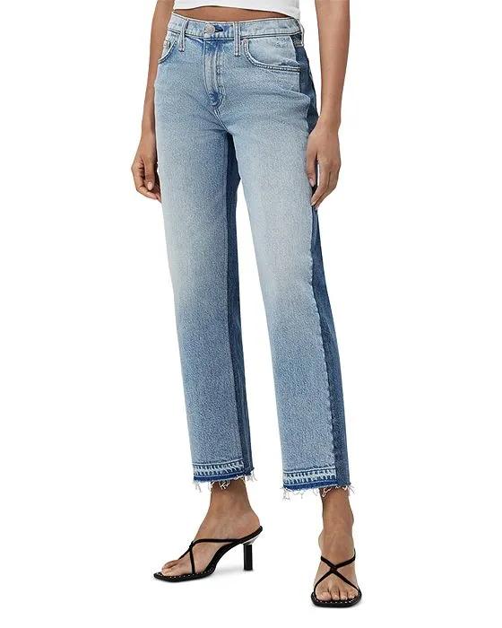 Harlow High Rise Straight Leg Two Tone Ankle Jeans in Double Indigo
