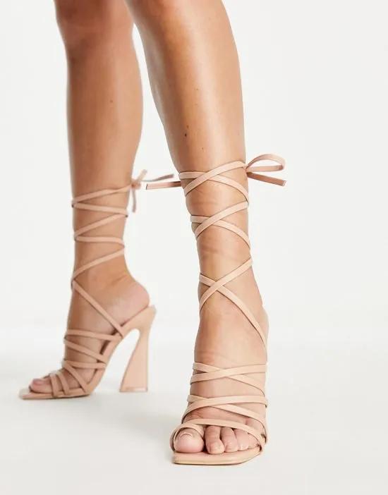 harperr strappy tie leg heeled sandals in beige with square toe