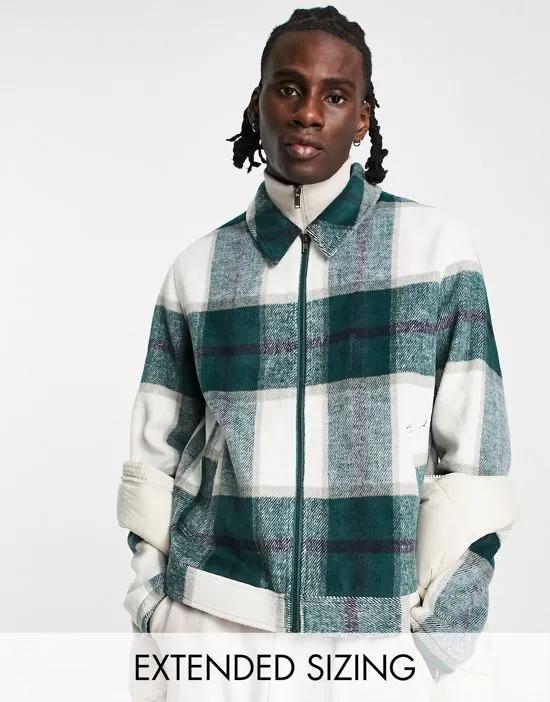 harrington jacket in wool look green and ecru check